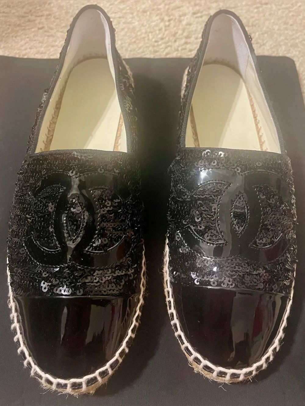 Chanel Patent Sequin CC Espadrilles size 38 Black